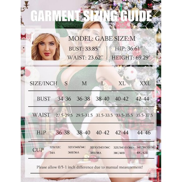 Women Christmas Lingerie Green Bodysuit Sexy Deep V Teddy Hat Fingerless Gloves - Picture 6 of 7